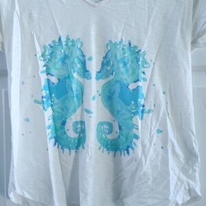 Lilly Pulitzer White V neck shirt with watercolor seahorses, size S, preloved